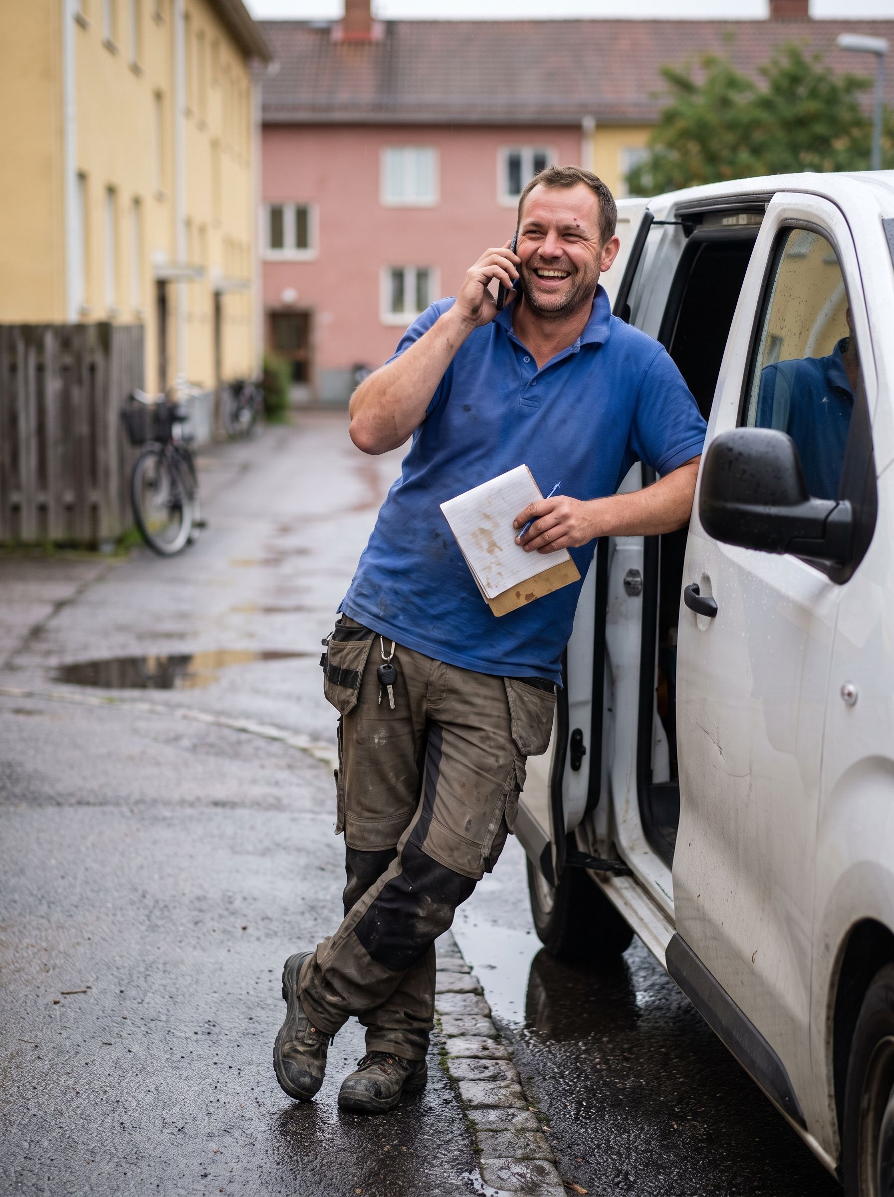 Medarbetare från Flyttstädbolaget svarar i telefon vid servicebilen